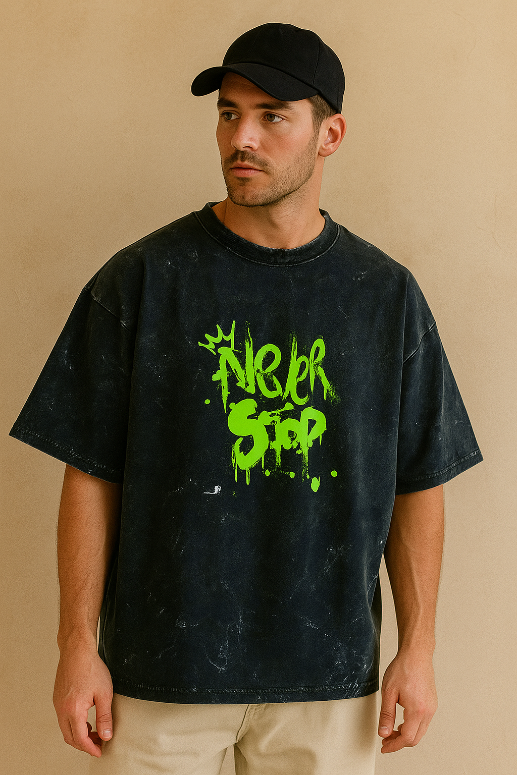 "Never Stop" Acid Washed Oversized Tee