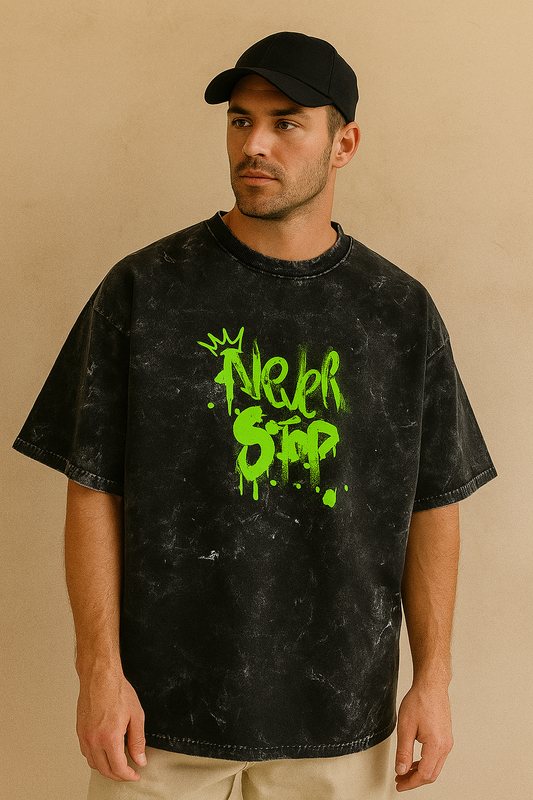 "Never Stop" Acid Washed Oversized Tee