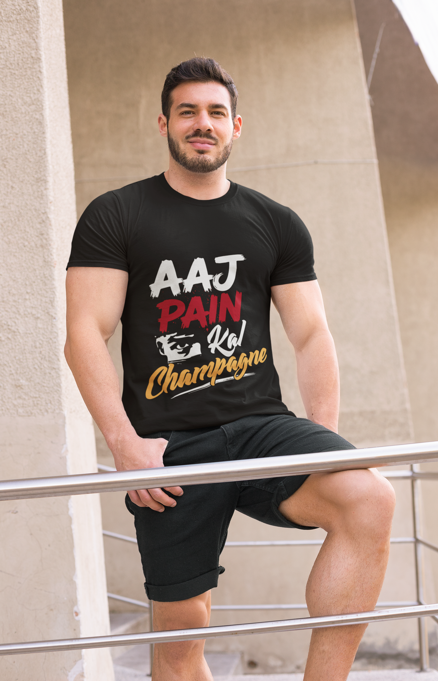 “Aaj Pain Kal Champagne Gym T-Shirt – Motivational Fitness Tee”