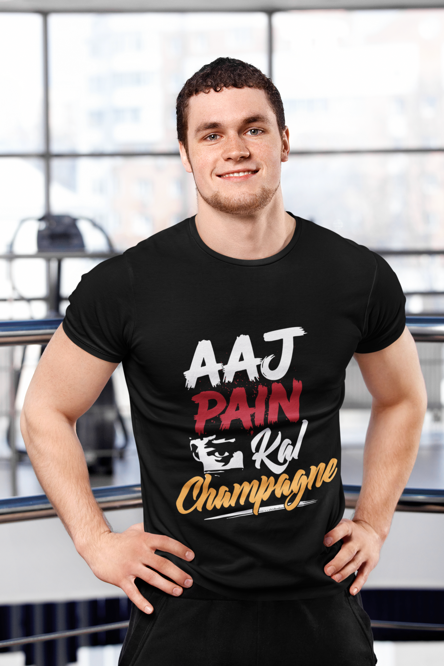 “Aaj Pain Kal Champagne Gym T-Shirt – Motivational Fitness Tee”