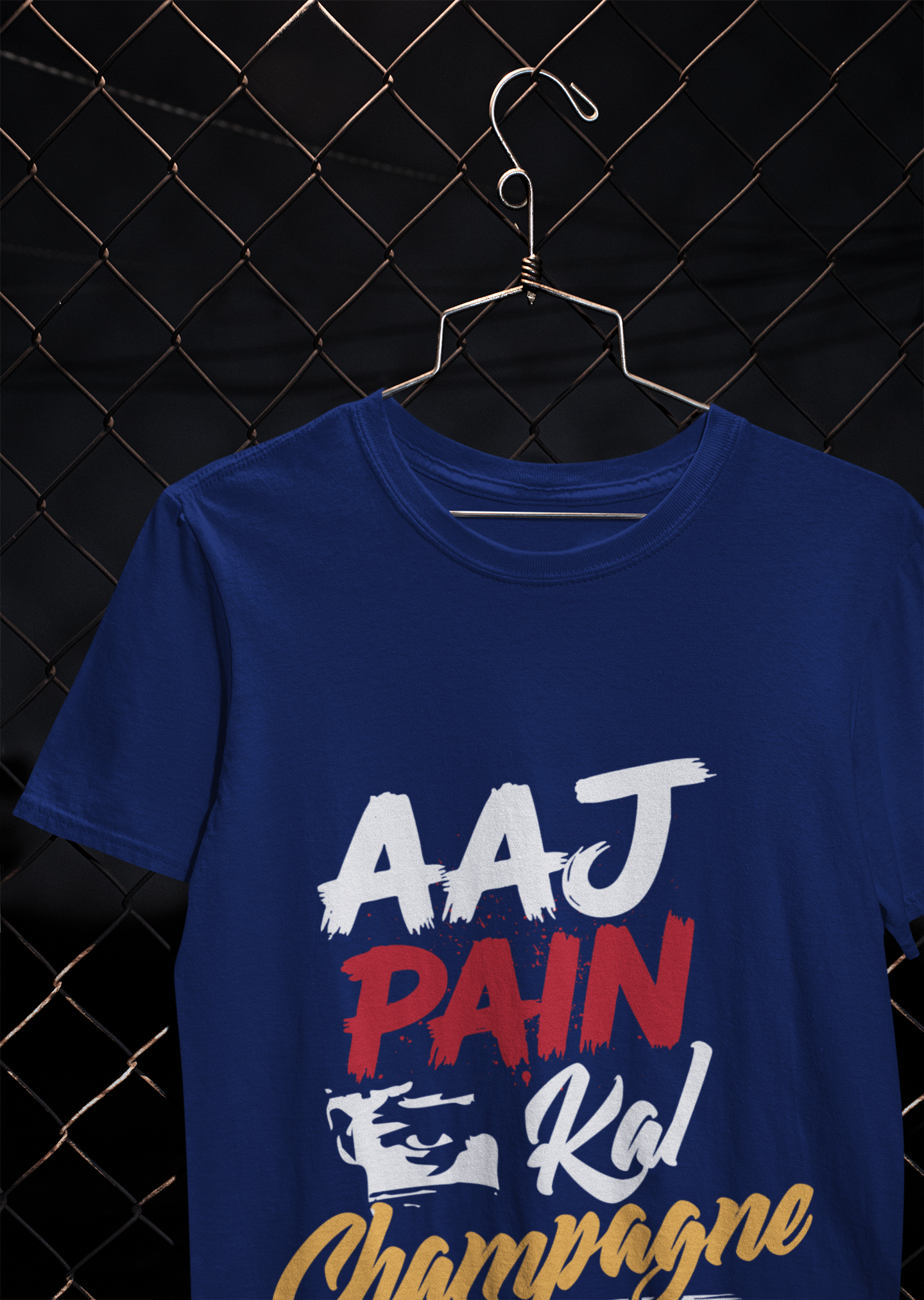 “Aaj Pain Kal Champagne Gym T-Shirt – Motivational Fitness Tee”