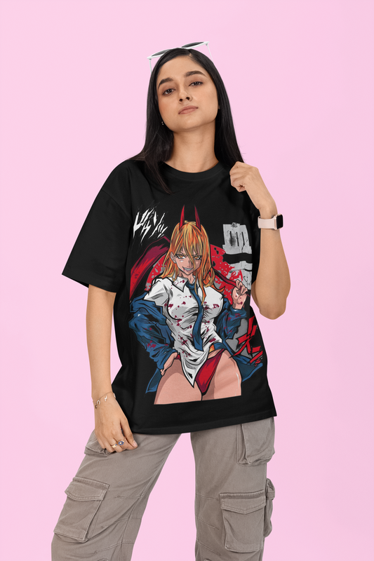Anime Girl Oversized T-Shirt – Chainsaw Man Power Graphic | Heavyweight Cotton Tee