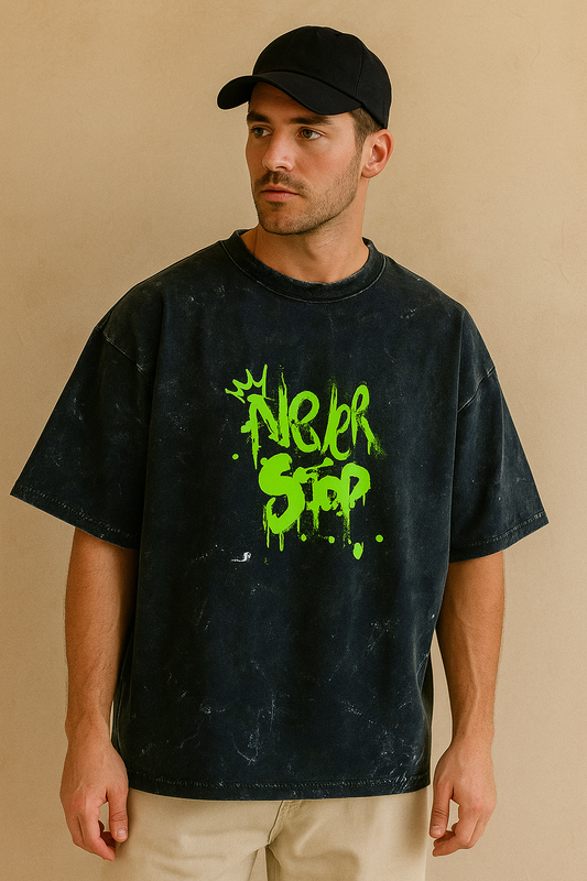 "Never Stop" Acid Washed Oversized Tee