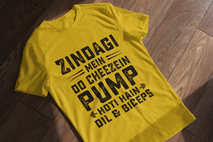 “Zindagi Mein Do Cheezein Pump Hoti Hain – Dil & Biceps Gym T-Shirt”