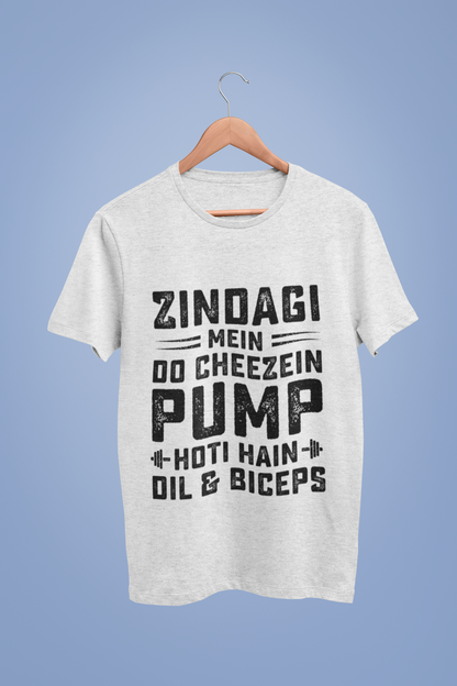 “Zindagi Mein Do Cheezein Pump Hoti Hain – Dil & Biceps Gym T-Shirt”