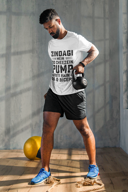 “Zindagi Mein Do Cheezein Pump Hoti Hain – Dil & Biceps Gym T-Shirt”
