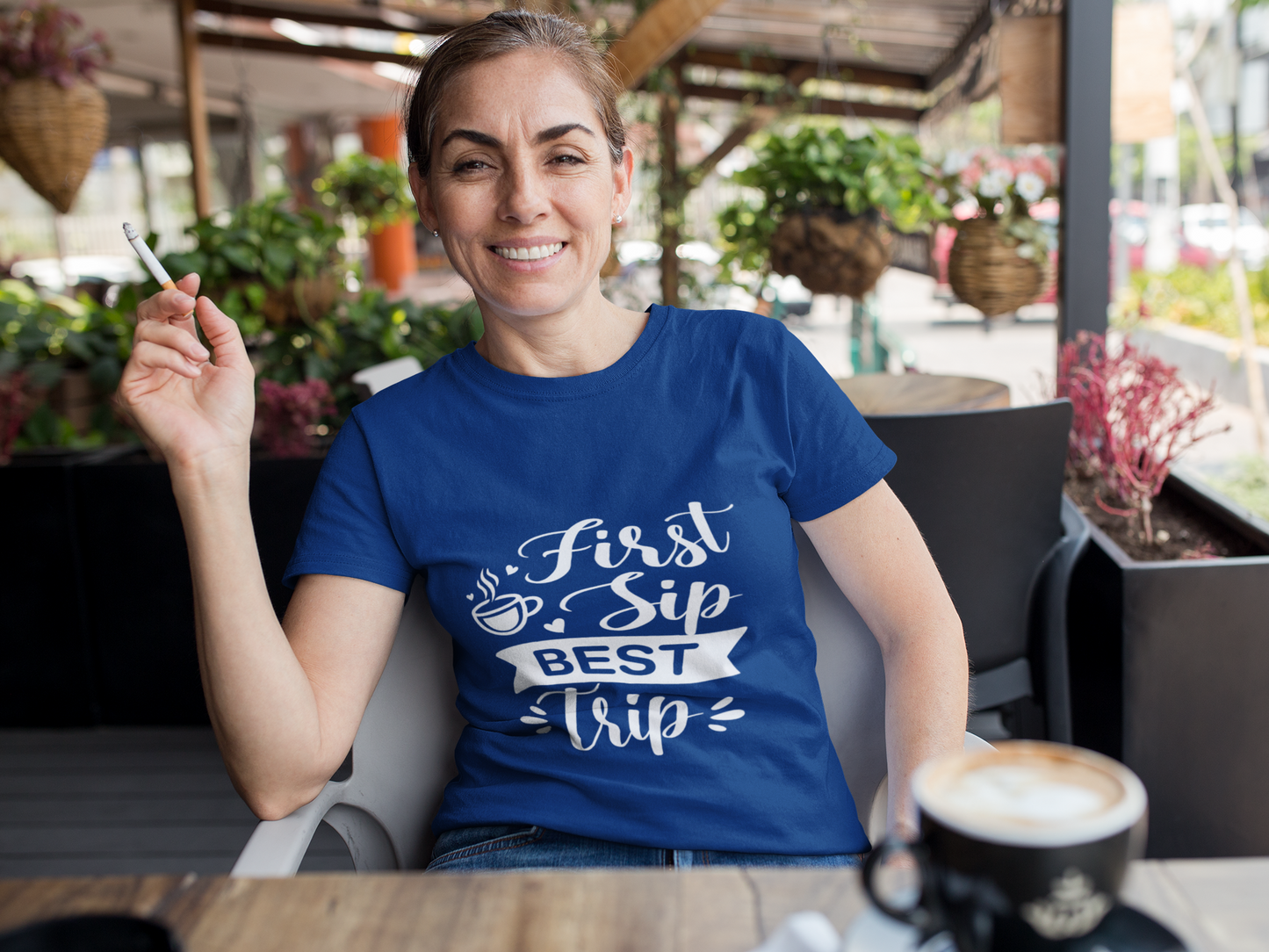 "First Sip Best Trip” Black Coffee Quote T-Shirt – 100% Cotton Tee