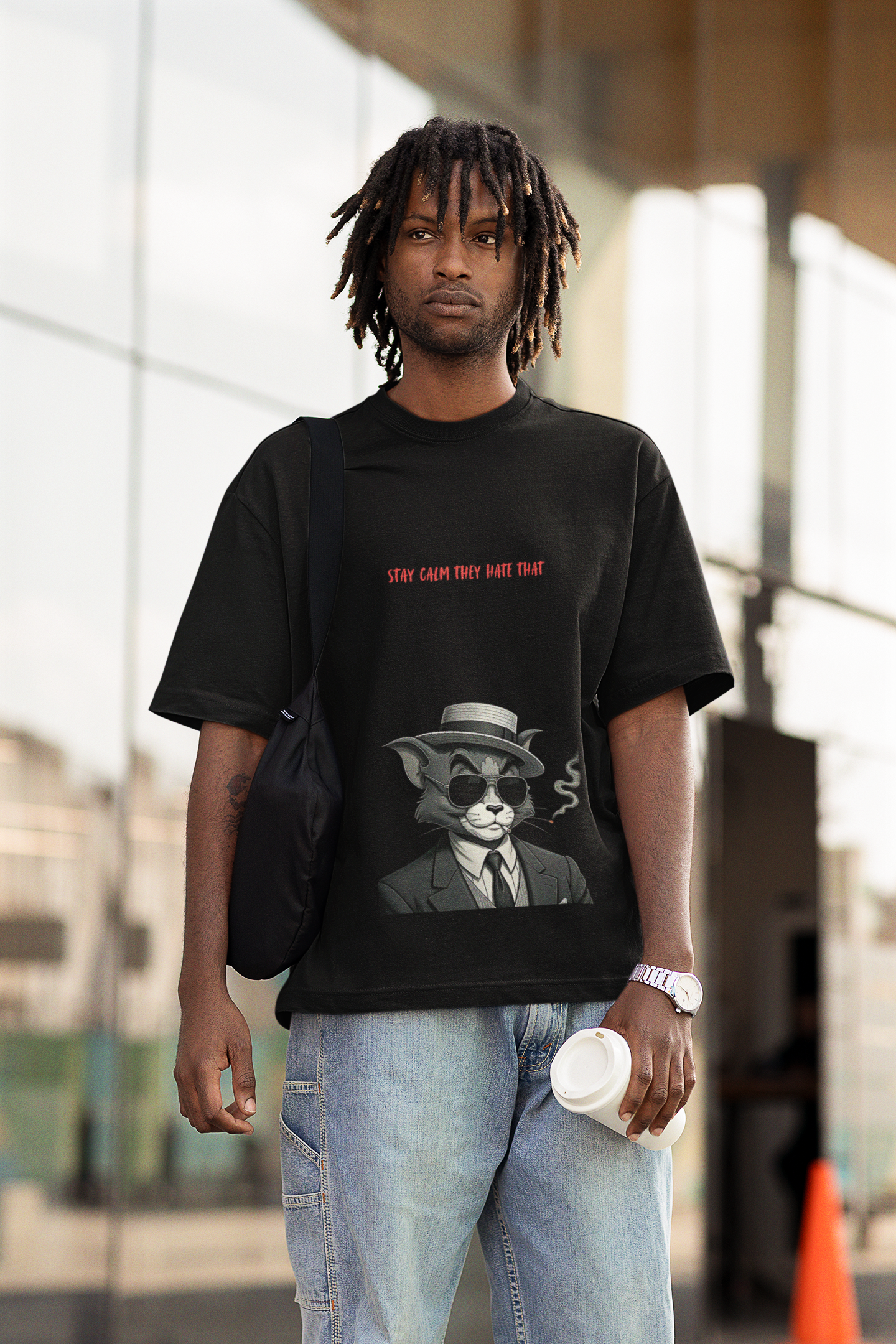 Cool Cat in Suit Oversized Cotton T-shirt – Stay Calm They Hate That