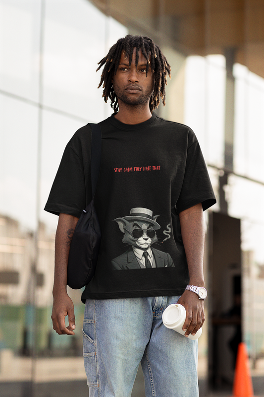 Cool Cat in Suit Oversized Cotton T-shirt – Stay Calm They Hate That