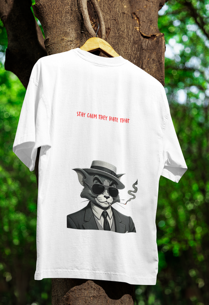 Cool Cat in Suit Oversized Cotton T-shirt – Stay Calm They Hate That