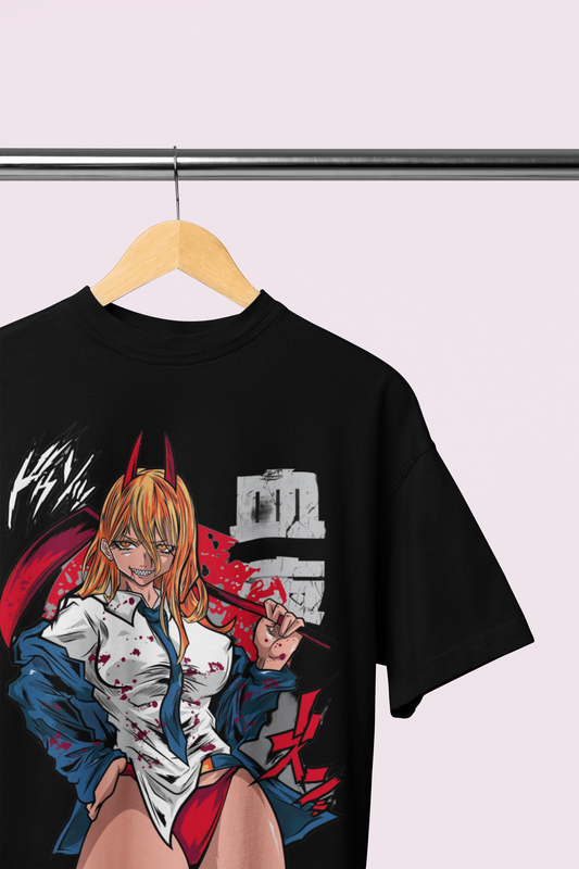 Anime Girl Oversized T-Shirt – Chainsaw Man Power Graphic | Heavyweight Cotton Tee