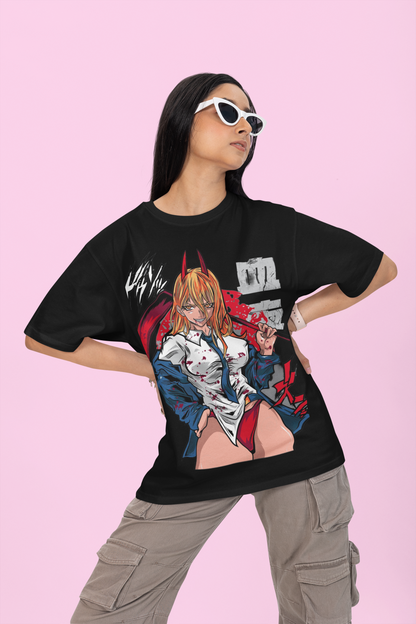 Anime Girl Oversized T-Shirt – Chainsaw Man Power Graphic | Heavyweight Cotton Tee