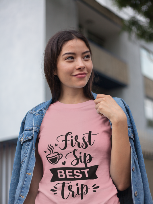 "First Sip Best Trip Printed Unisex T-Shirt – 100% Cotton, Casual Graphic Tee"