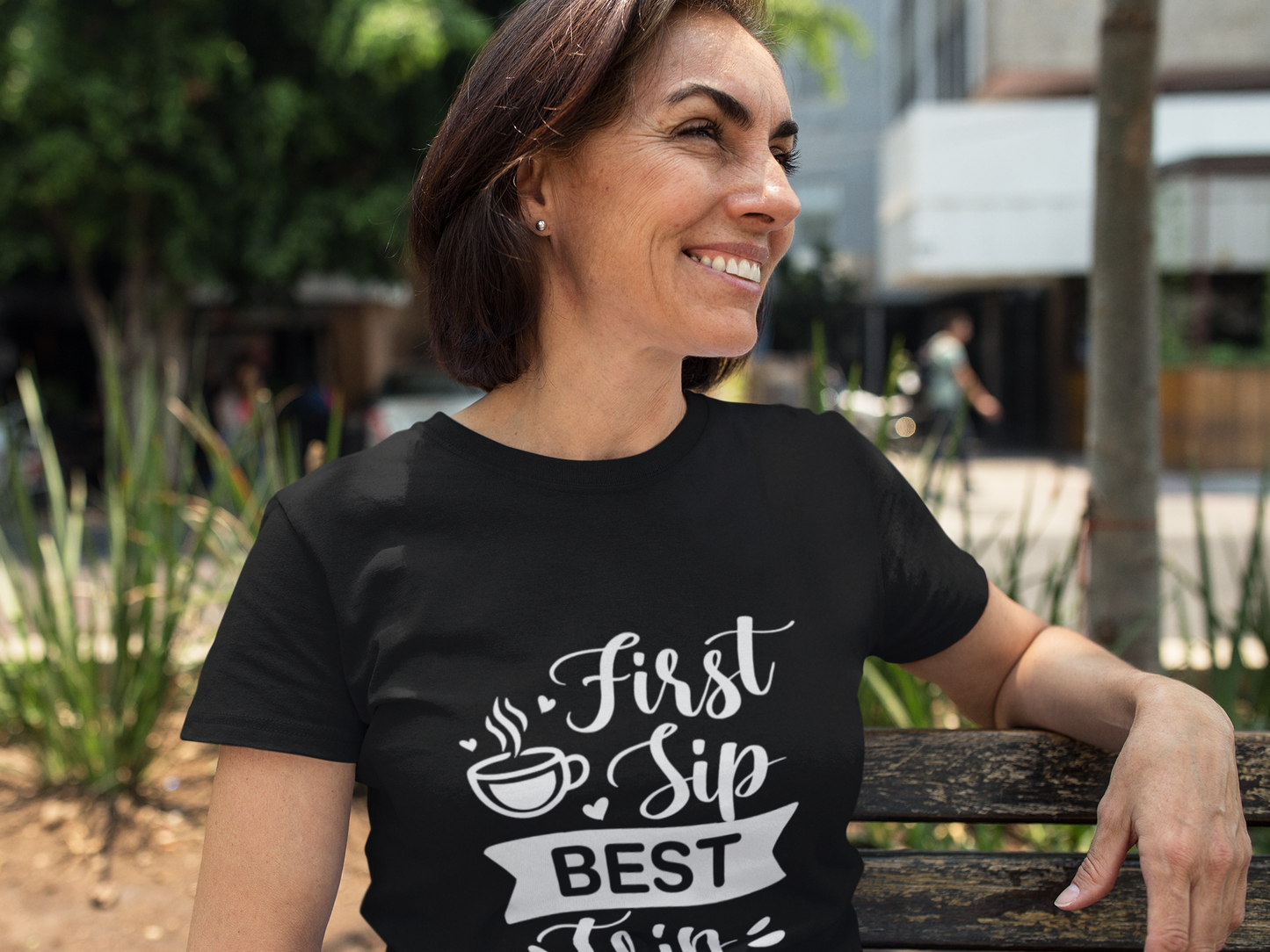"First Sip Best Trip” Black Coffee Quote T-Shirt – 100% Cotton Tee