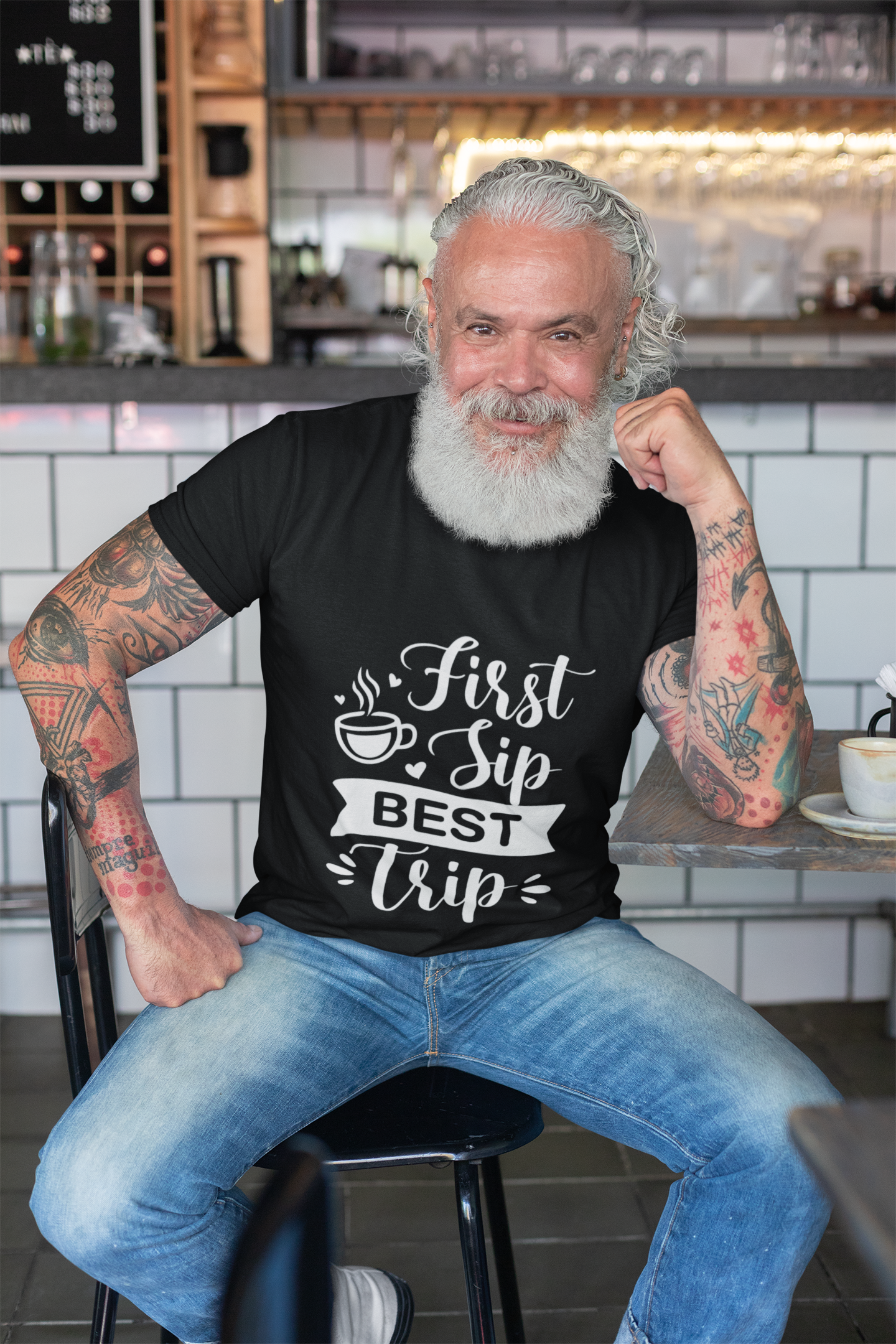 "First Sip Best Trip” Black Coffee Quote T-Shirt – 100% Cotton Tee