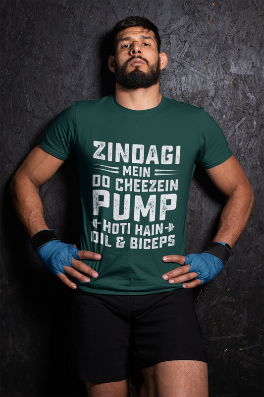 “Zindagi Mein Do Cheezein Pump Hoti Hain – Dil & Biceps Gym Tee”
